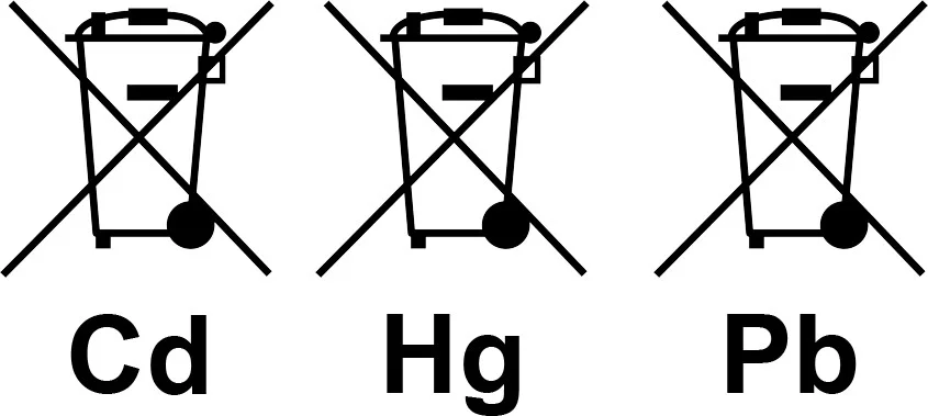 Kadmium-, quecksilber- oder bleihaltige Batterien nicht im Hausmüll entsorgen. Piktogramm.